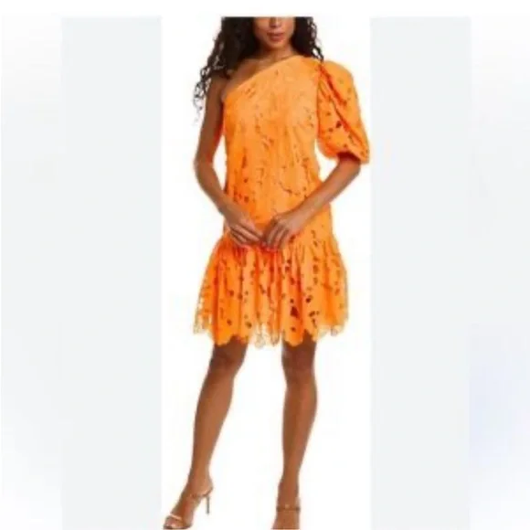 Zac Posen Dress Mini Floral Embroidered One-Shoulder Apricot Dress Size 4 - Picture 2 of 16